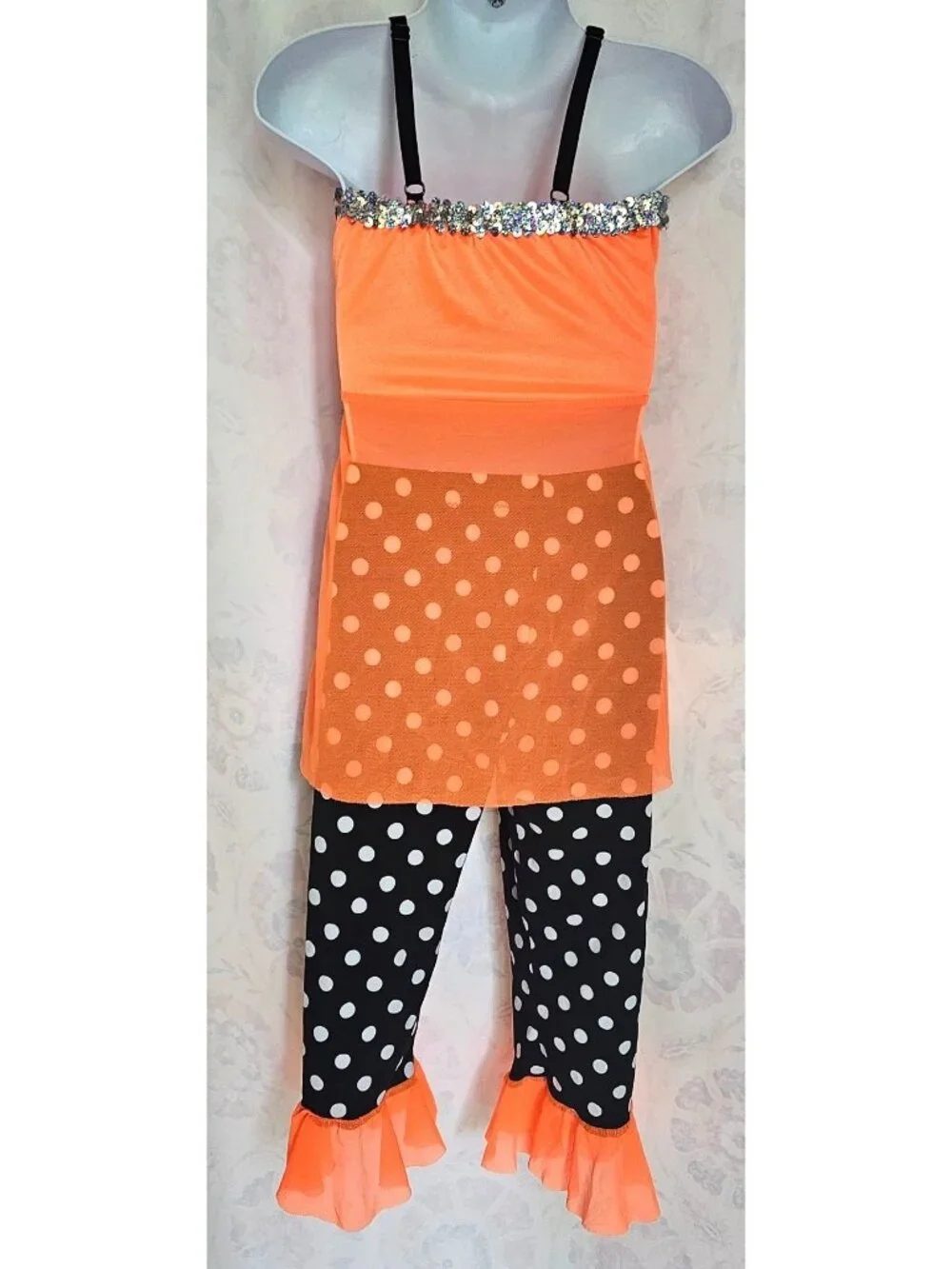 Creations by Cicci Dance Costume Orange Black Polka Dot Girl's 6x 7 Halloween